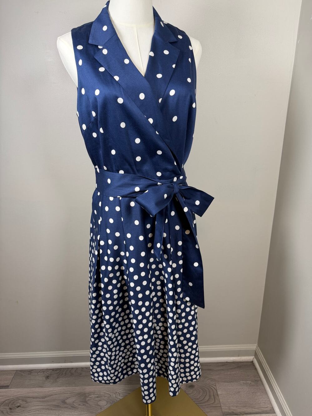 Anne Klein Sleeveless Navy/White Polka Dot Retro Wrap Belted Fit Flare Dress 8
